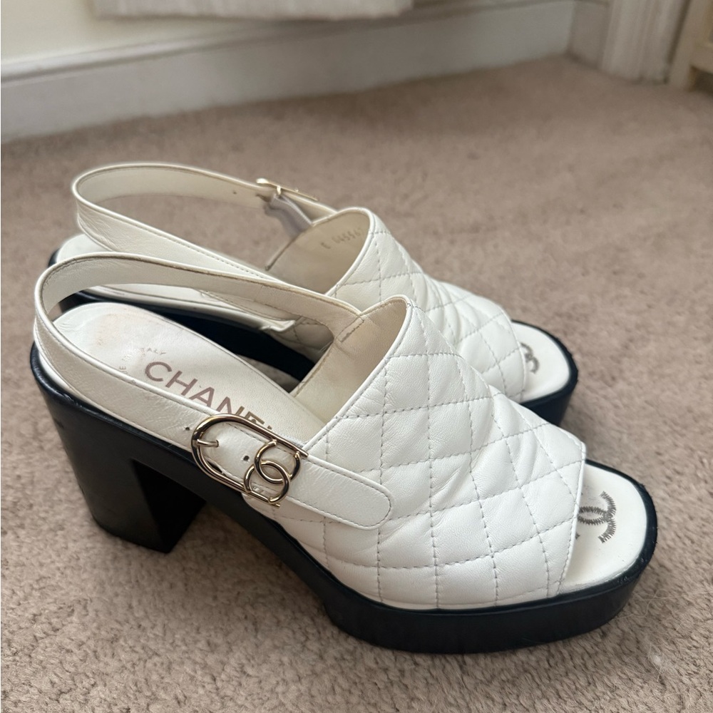 Chanel White Quilted Slingback Platform Heels - Picture 3 of 3